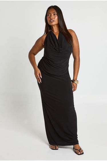 Plus Cowl Neck Gold Trim Top & Column Maxi Skirt Co Ord