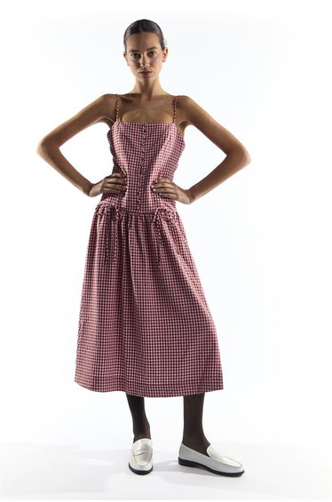 Red Gingham Button Through Dropped Waist Midi Dress