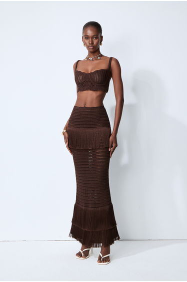Sunlit Paradise Brown Crochet Knit Top & Fringe Skirt Set