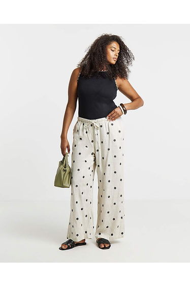 Daisy Embroidered Linen Mix Wide Trouser