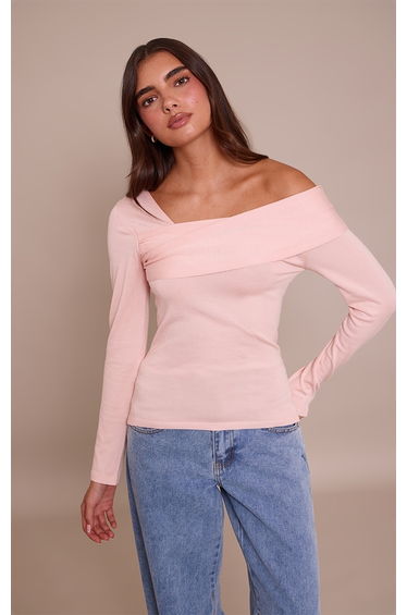 Pink Long Sleeve Asymmetric Shoulder Knitted Top