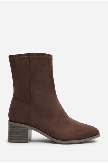 Fioren Dark Brown Faux Suede Square Low Block Heel Stretch Ankle Sock Boot product thumbnail 3