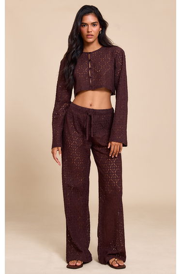 Brown Lace Button Detail Crop Top