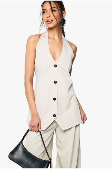 Halter Neck Longline Tailored Waistcoat - stone