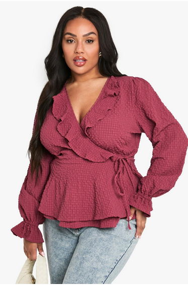 plus textured tie detail WRAP RUFFLE blouse - dusty rose
