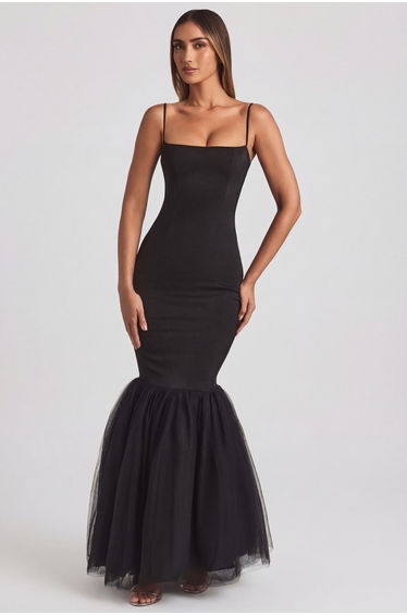 Tulle Hem Fishtail Gown in Black