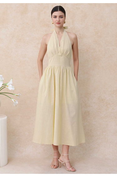 Vintage-Inspired Self-Tie Halter Neck Cotton Dress in Light Yellow