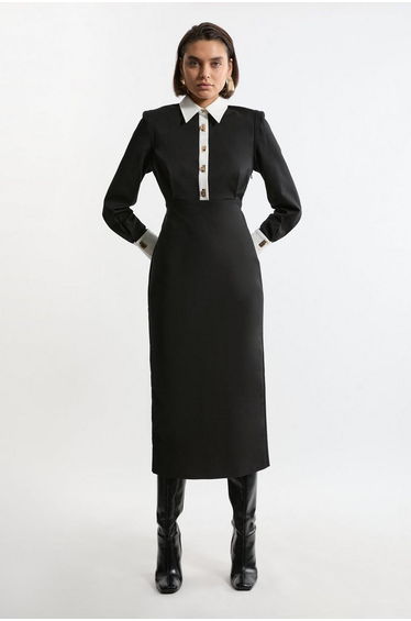 Techno Cotton Woven Midaxi Shirt Dress With Gold Clasps