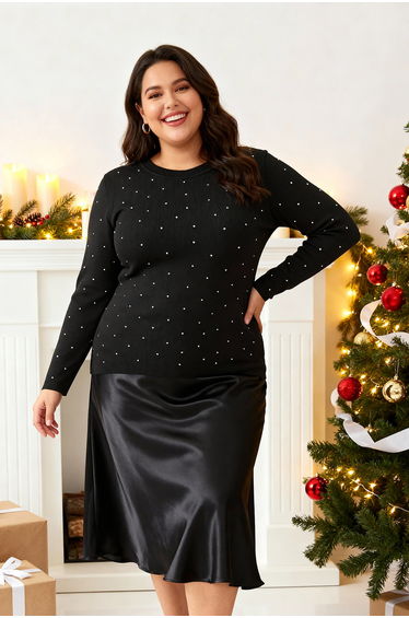 Black Stoned Crew Neck Knit Blouse