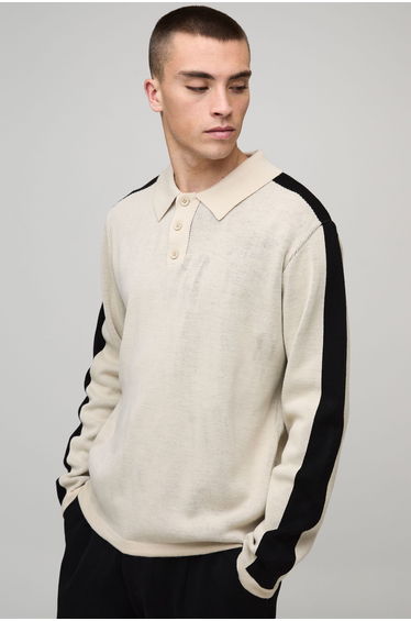 Regular Long Sleeve Colour Block Knitted Polo - stone