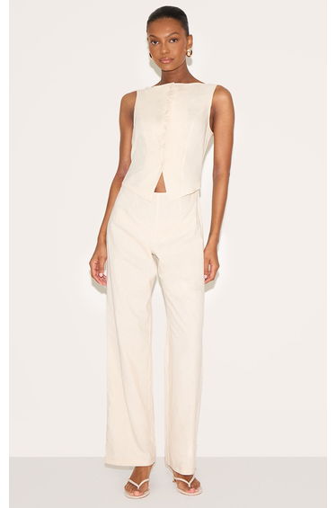 Stone Linen Blend Waistcoat Detail Straight Leg Jumpsuit