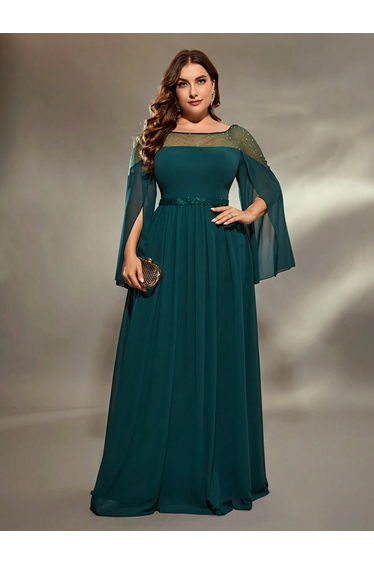 Leely Plus Women's Elegant Round Neck Cloak Sleeve Dress
