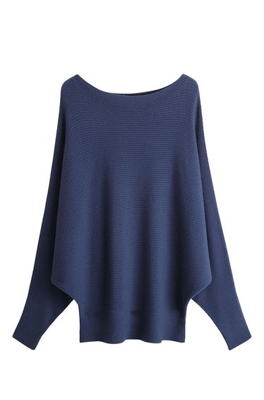 Boat Neck Batwing Sleeves Knit Top in Navy