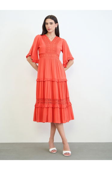 Orange Lace Trim Tiered Midi Dress