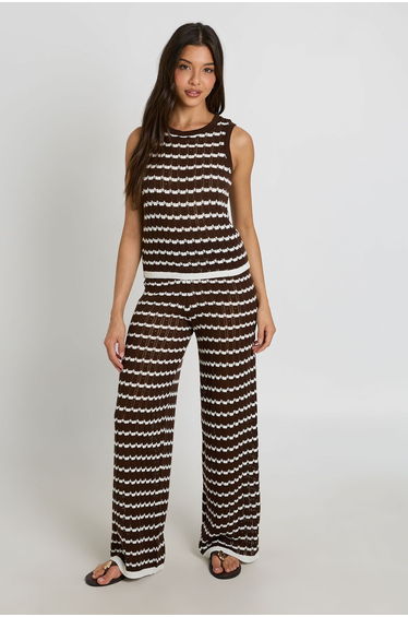 Crochet Stripe Knit Top and Wide Leg Co-Ord - chocolate