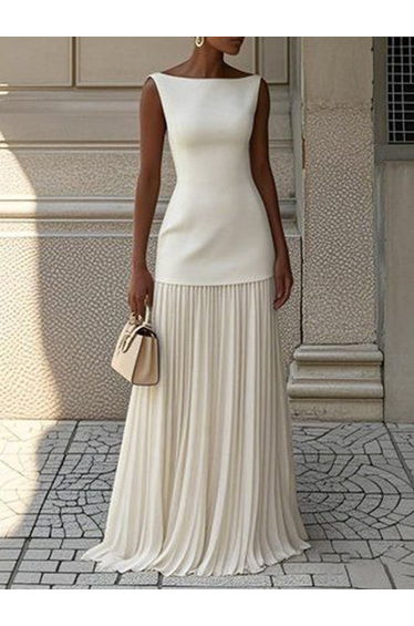 Sleeveless Gauze Pleated Solid Color Split-Joint Boat Neck Evening Dresses Maxi Dresses