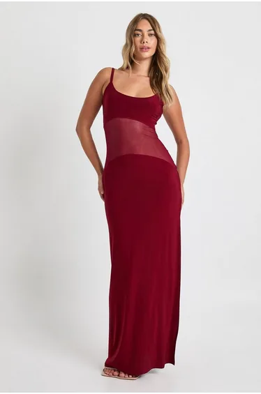 Mesh Sheer Drop Waist Maxi Dress - burgundy