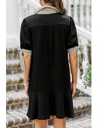 Lvness Black Stripe Detail Polo Collar Half Buttons Tied Short Sleeve Shift Mini Dress - 3