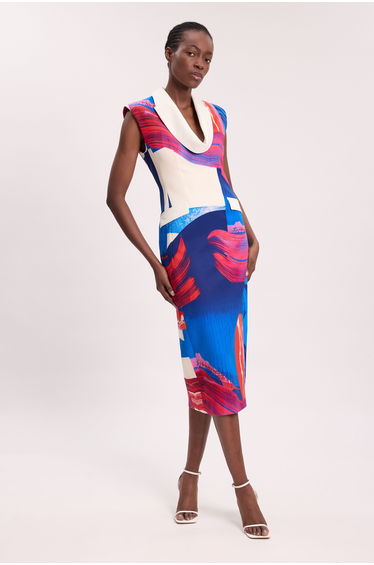 Polished Tailored Cowl Neck Sleeveless Midi Dress