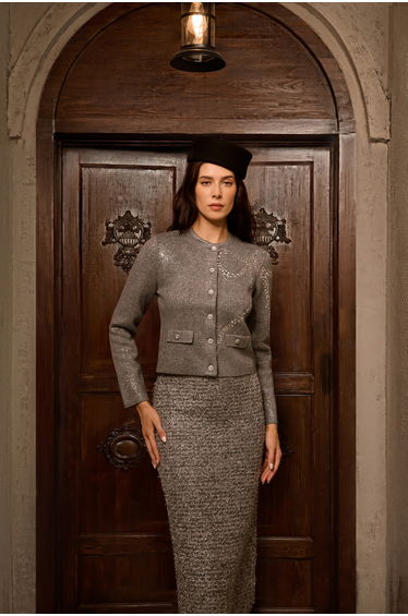 Comfort Style Grey Crystal Embellished Knit Jacket