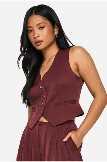 Petite Mock Horn Button Fitted Waistcoat - chocolate