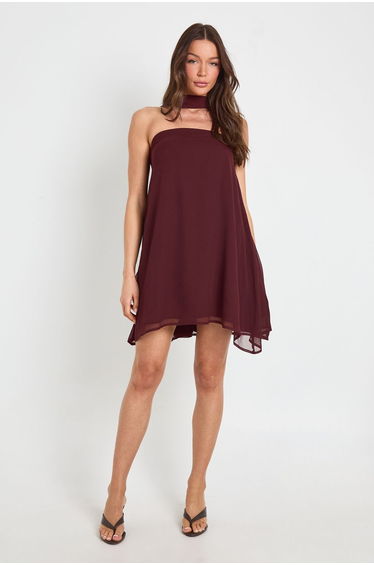 Scarf Detail Trapeze Mini Dress - chocolate