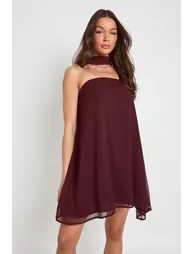 Scarf Detail Trapeze Mini Dress - chocolate - 2
