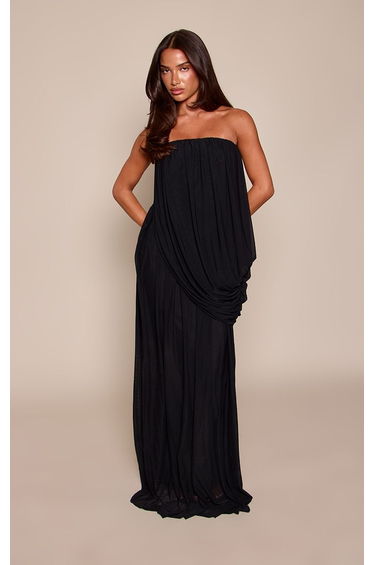 Black Mesh Drape Bandeau Maxi Dress