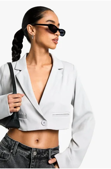 Petite Boxy Crop Blazer - grey
