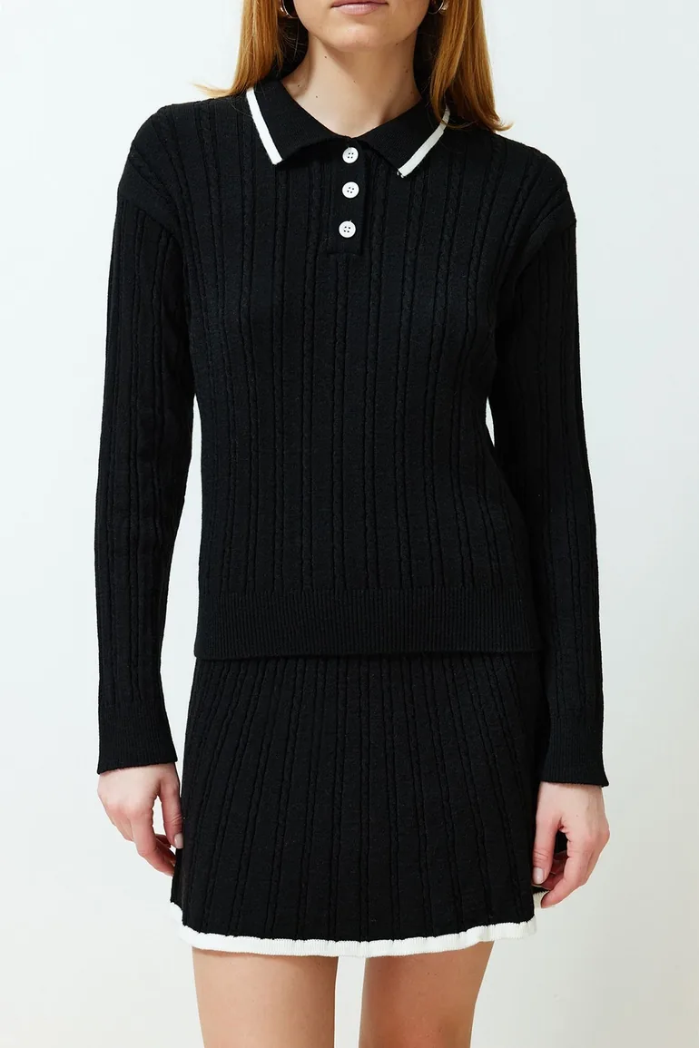 Black Sweater/Skirt Knitwear Top and Bottom Set - 3
