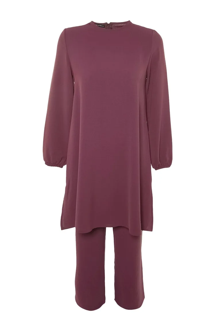 Purple Elastic Arms Wide Leg Aerobin Tunic-Pants Woven Suit - 3