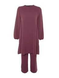 Purple Elastic Arms Wide Leg Aerobin Tunic-Pants Woven Suit - 3