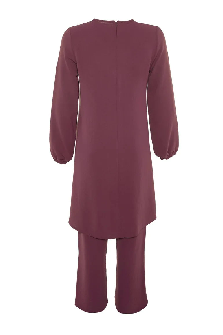 Purple Elastic Arms Wide Leg Aerobin Tunic-Pants Woven Suit - 2