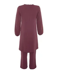 Purple Elastic Arms Wide Leg Aerobin Tunic-Pants Woven Suit - 2