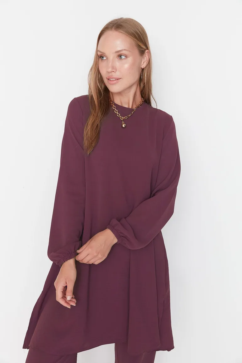 Purple Elastic Arms Wide Leg Aerobin Tunic-Pants Woven Suit