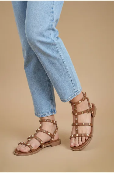 Micheala Faux Leather Studded Gladiator Flat Sandals