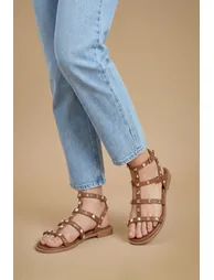 Micheala Faux Leather Studded Gladiator Flat Sandals