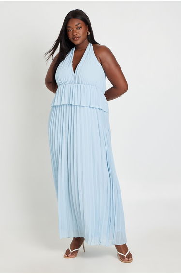 Plus Halter Neck Ruffle Pleated Maxi Dress - baby blue