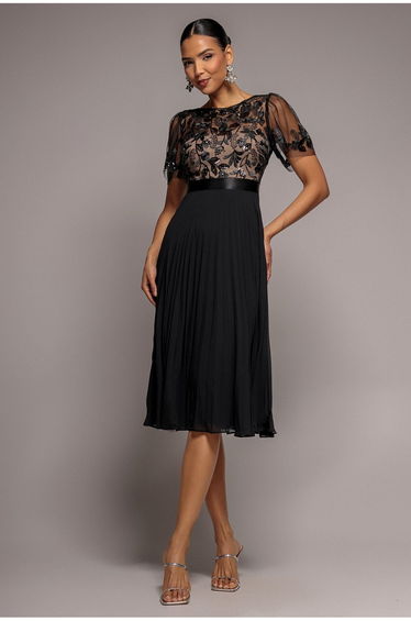 Goddiva Embroidered Top Chiffon Pleated Midi Dress - Black