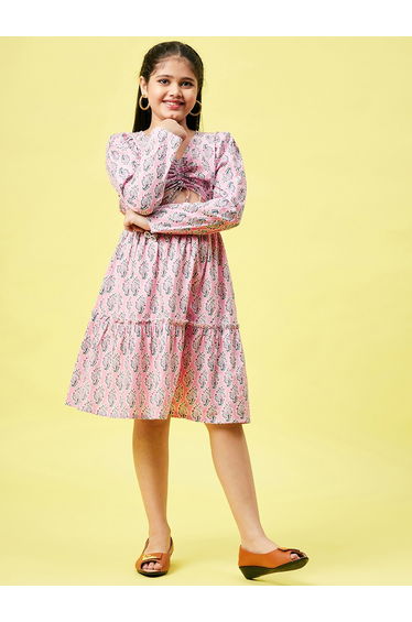 Block Printed V Neck Dress with Cut Out Detail