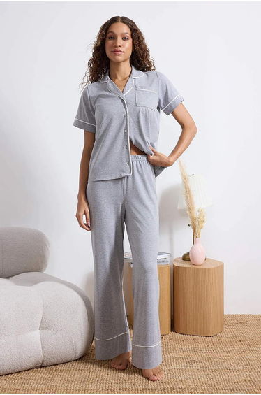 Gray Melange Piped Pocket Detailed Viscose Knitted Pajama Set