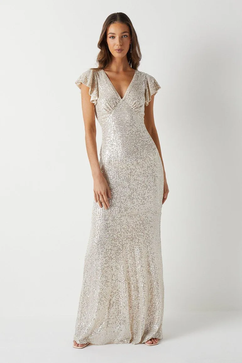 V Neck Angel Sleeve Sequin Maxi Bridesmaids Dress