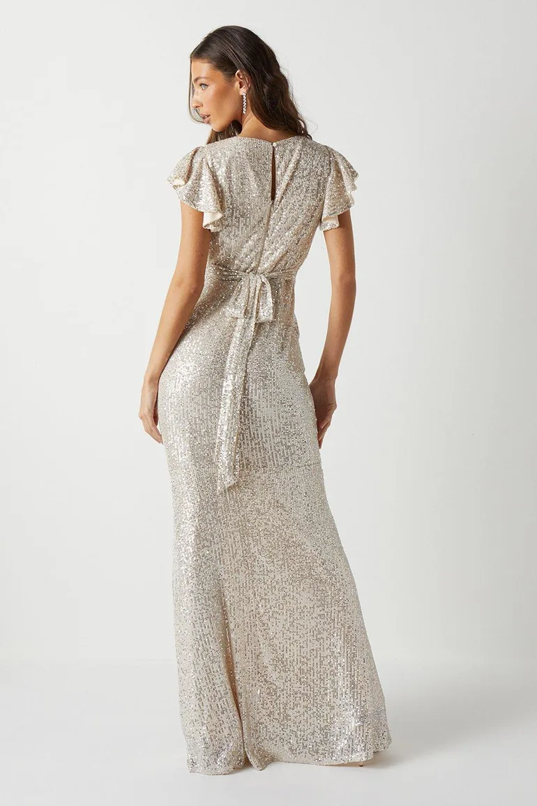 V Neck Angel Sleeve Sequin Maxi Bridesmaids Dress - 2