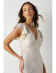 V Neck Angel Sleeve Sequin Maxi Bridesmaids Dress - 3
