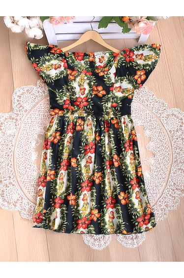 All-Over Floral Print Flutter Sleeves Dress with Lace Trim