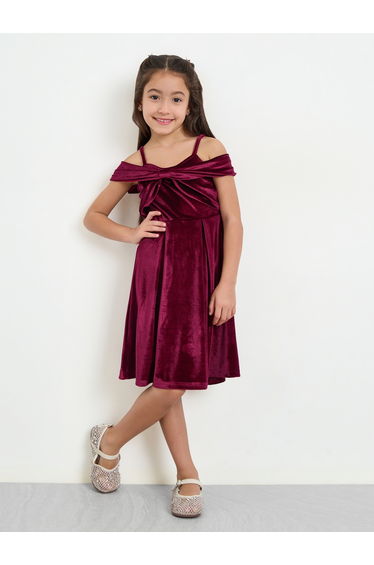 Girls Burgundy Velvet Cold Shoulder Dress