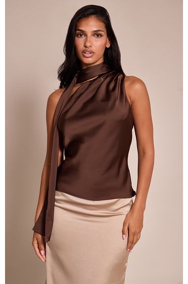Chocolate Satin Asymmetric Scarf Detail Top