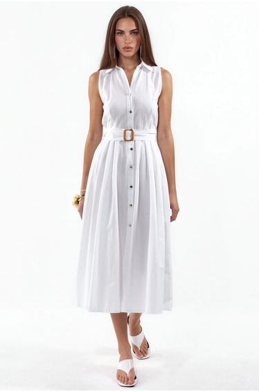 BUSEM Belted Sleeveless Poplin Shirt Midi Dress