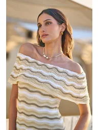 Yumi Beige Stripe Crochet Knit Bardot Midi Dress - 1