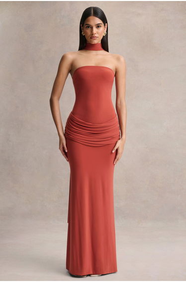Graciella | Rust Bandeau Maxi Dress With Draped Detailing And Scarf